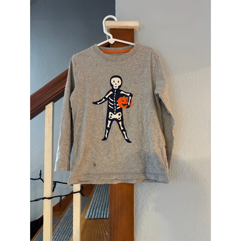 Mini Boden 6/7 122 skeleton pumpkin Halloween shirt gray